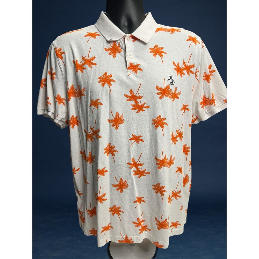 Original Penguin Men’s XL Polo Shirt White Orange Palm‎ Tree Print 100% Cotton